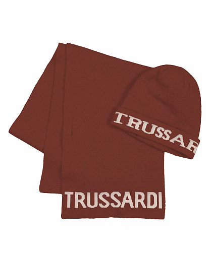 Шапка с шарфом коричневого цвета с надписями от бренда Trussardi