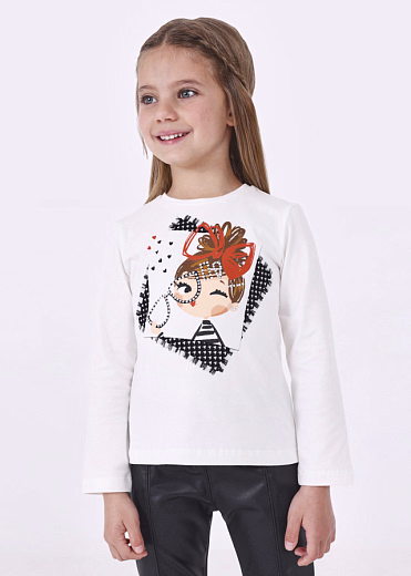 Лонгслив белый с девочкой с очками и бантиком от бренда Mayoral