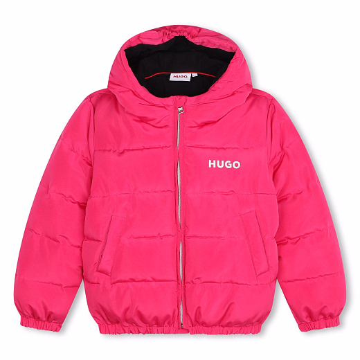 Пуховик цвета фуксия с контрастной подкладкой от бренда HUGO