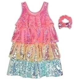 Платье в разноцветных пайетках и резинка-бант от бренда Billieblush