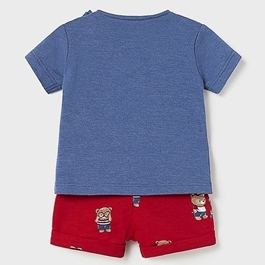 Футболка синего цвета и шорты с принтом медведей от бренда Mayoral