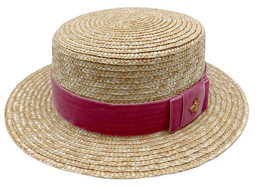 Соломенная шляпа-канотье с бархатной розовой лентой от бренда Skazkalovers