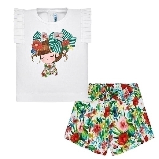 Комплект: Футболка белая с девочкой, шорты с принтом цветов от бренда Mayoral