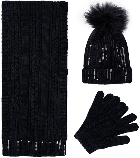 Шапка, шарф и перчатки черные в пайетках от бренда Abel and Lula