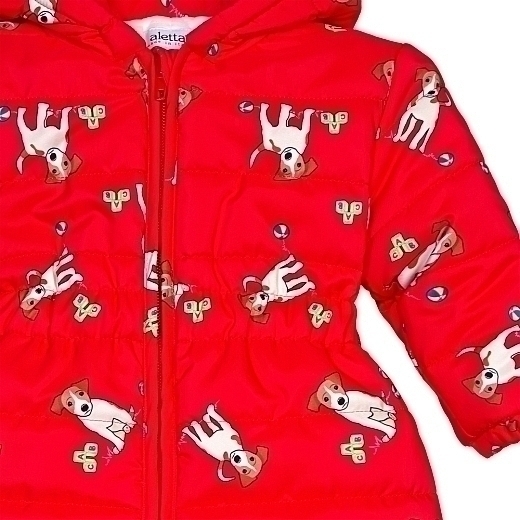 Зимний красный комбинезон с щенками от бренда Aletta