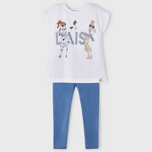 Белая футболка с принтом Daisy и синие легинсы от бренда Mayoral