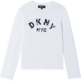 Лонгслив белого цвета с серой надписью от бренда DKNY