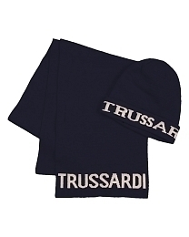 Шапка с шарфом темно-синего цвета с надписями от бренда Trussardi