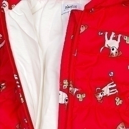 Зимний красный комбинезон с щенками от бренда Aletta