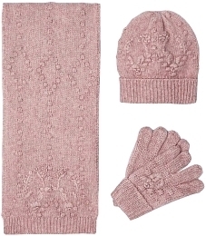 Шапка, шарф и перчатки розового цвета с узором от бренда Abel and Lula