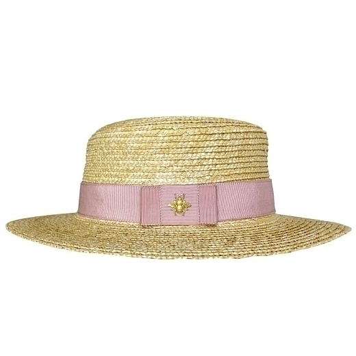 Соломенная шляпа-канотье c пыльно-розовой лентой с пчелой от бренда Skazkalovers