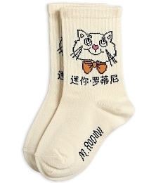 Носки молочного цвета с котом от бренда Mini Rodini
