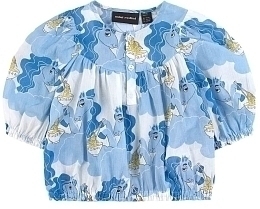 Блуза голубая с принтом лошадей от бренда Mini Rodini