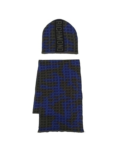 Шапка с шарфом темно-синего цвета с надписями от бренда JOHN RICHMOND